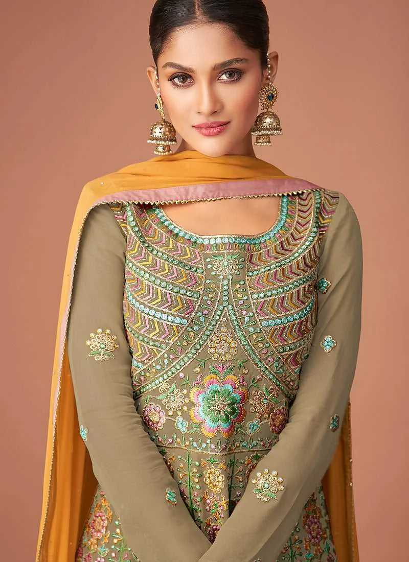 Light Green Heavy Embroidered Sharara Style Suit
