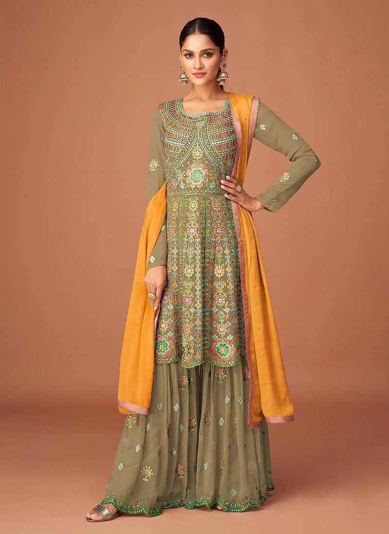 Light Green Heavy Embroidered Sharara Style Suit