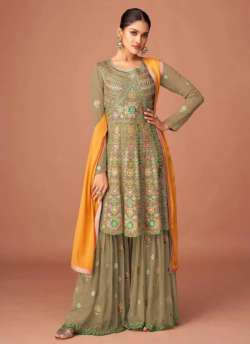 Light Green Heavy Embroidered Sharara Style Suit