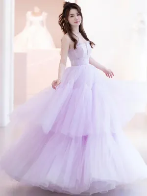 Light Purple Tulle Layers Scoop Long Party Dress, Light Purple Prom Dress