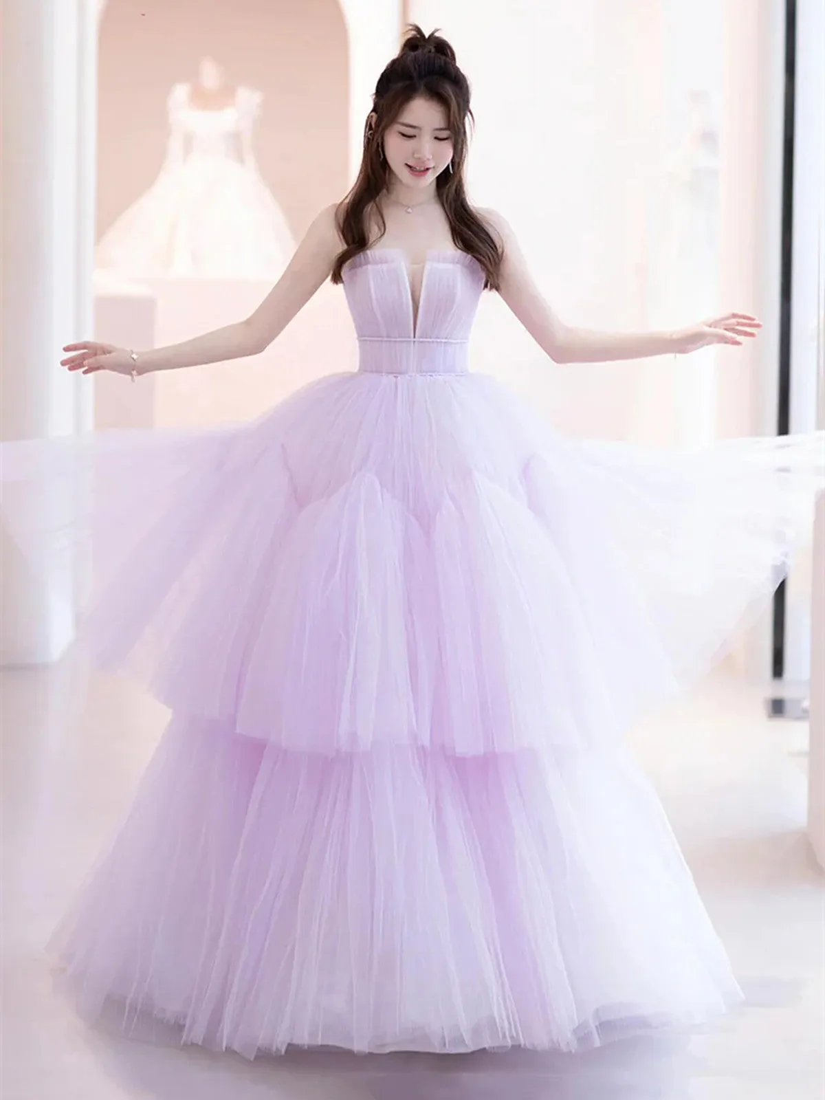 Light Purple Tulle Layers Scoop Long Party Dress, Light Purple Prom Dress