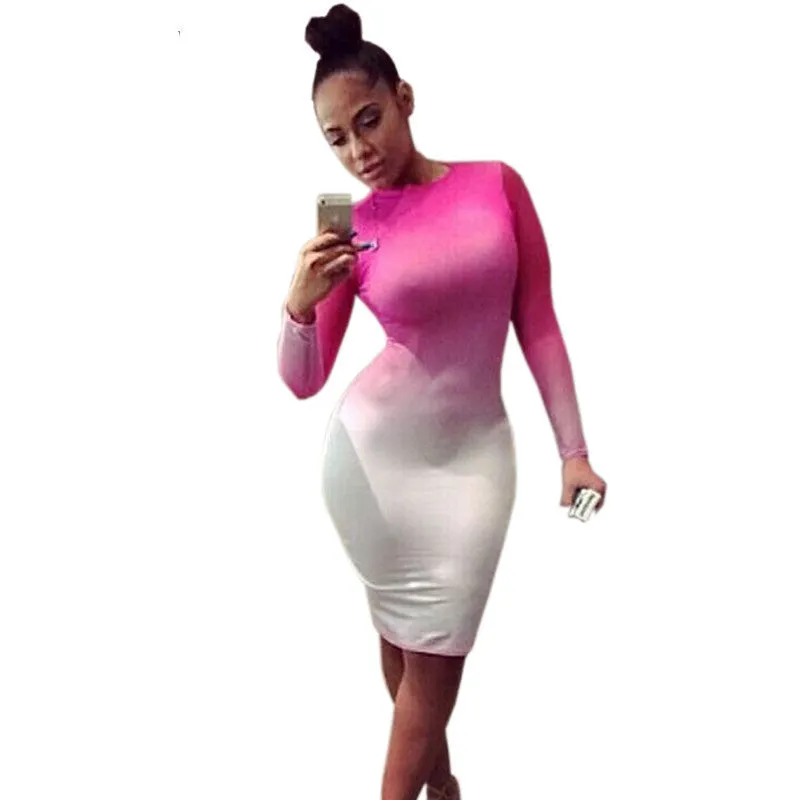 Long Sleeve Gradient O Neck Stretch Bandage Mini Dress