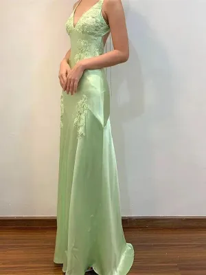 Lovely Spaghetti Straps Green Backless Long Prom Dress, Green Satin Evening Dress