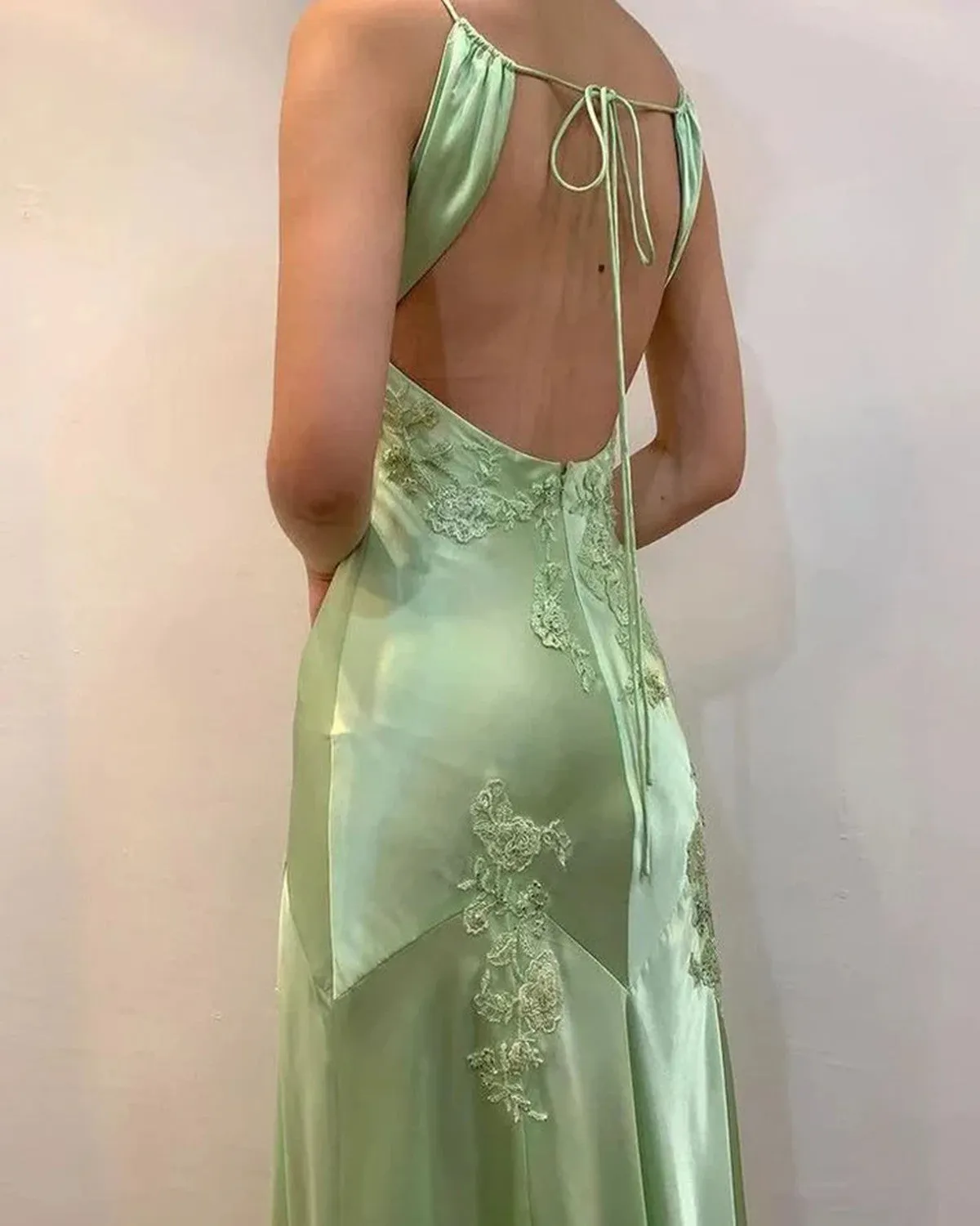 Lovely Spaghetti Straps Green Backless Long Prom Dress, Green Satin Evening Dress