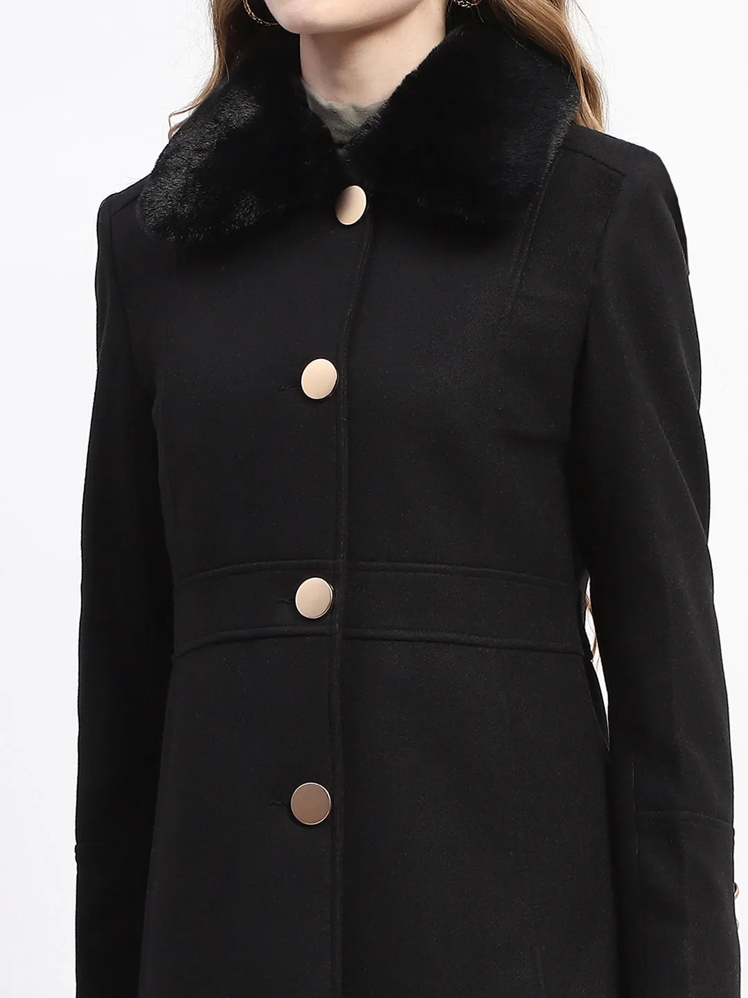 Madame Fur Neck Button Down Solid Black Long Coat