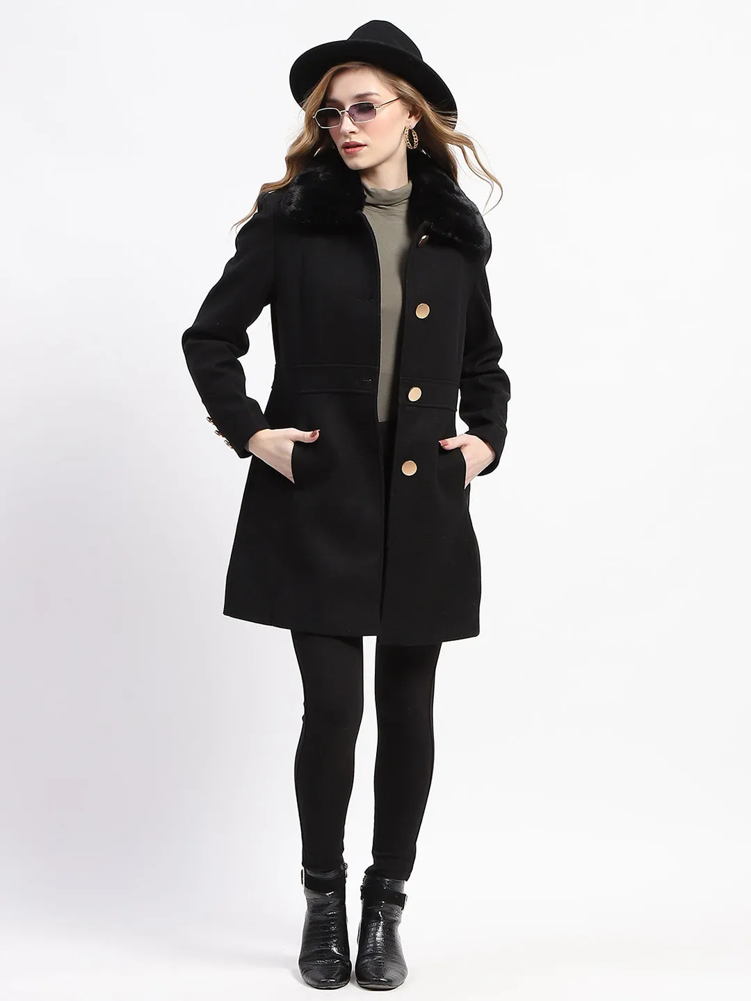 Madame Fur Neck Button Down Solid Black Long Coat
