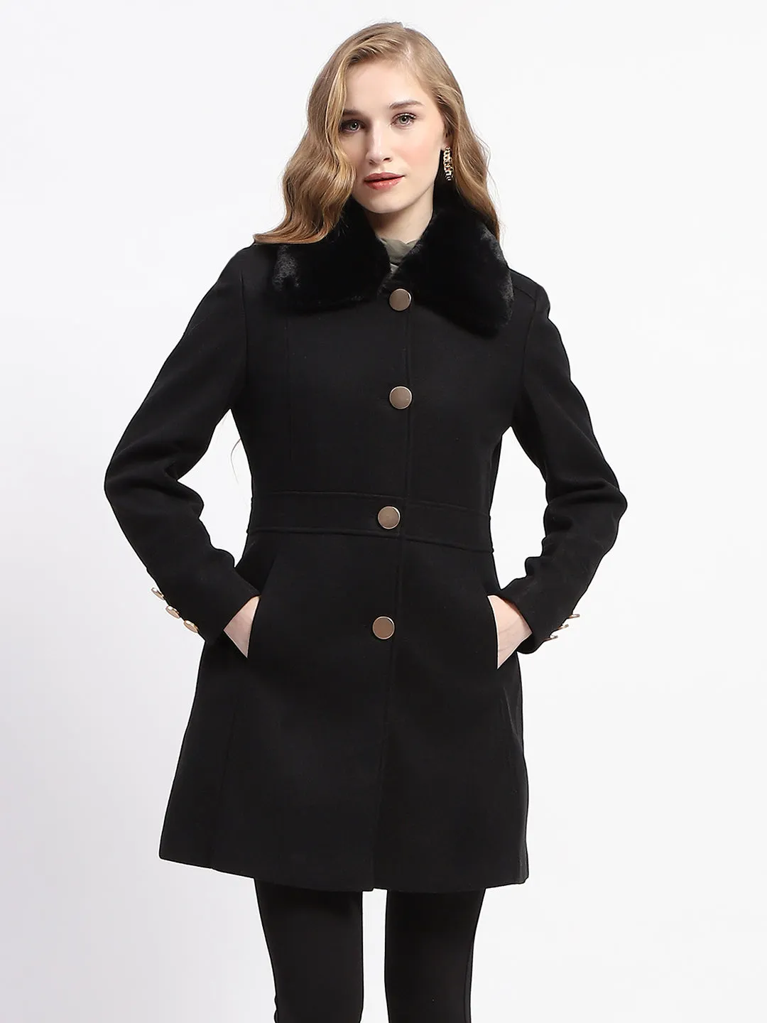Madame Fur Neck Button Down Solid Black Long Coat