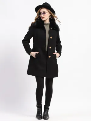 Madame Fur Neck Button Down Solid Black Long Coat