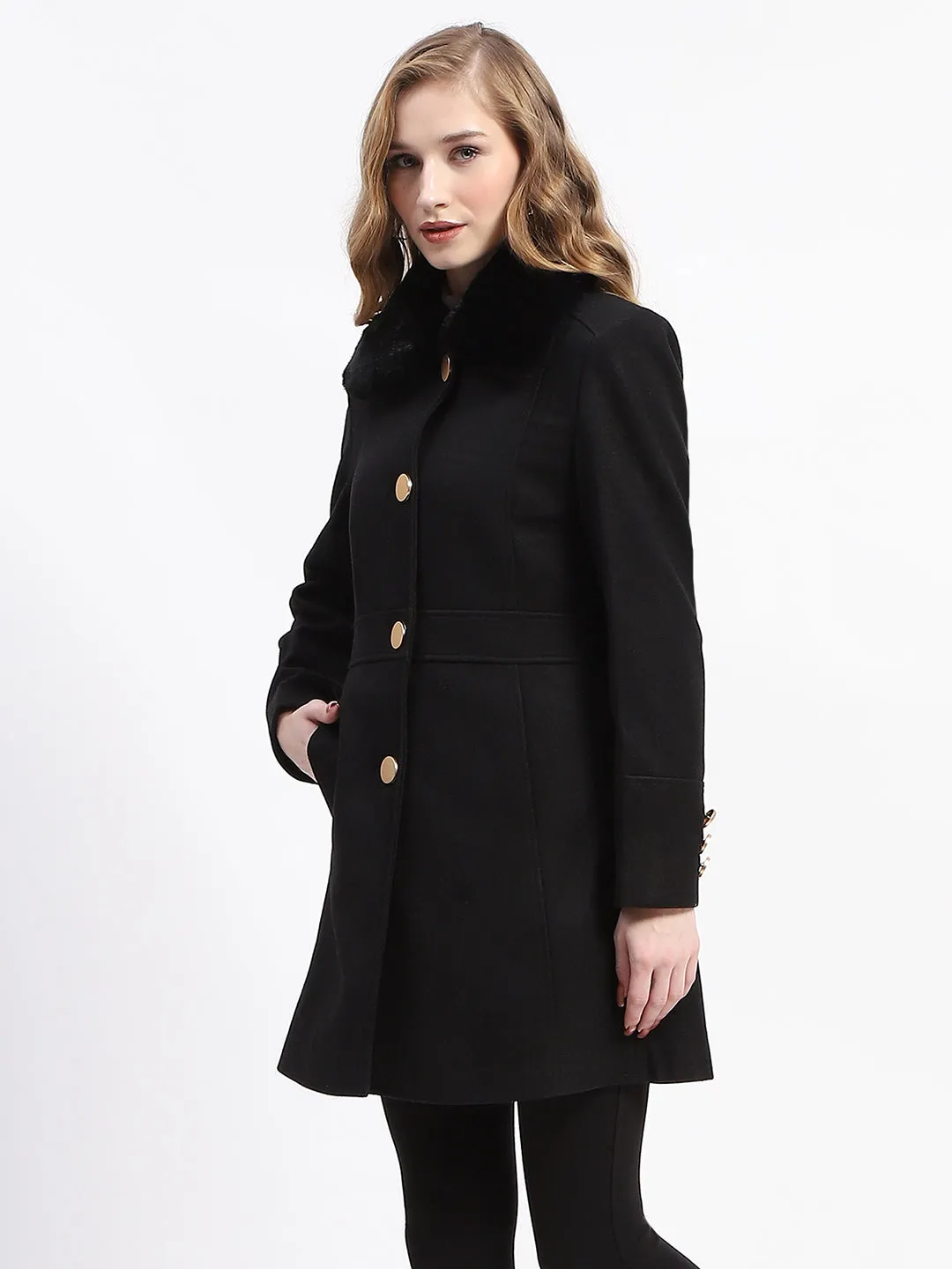 Madame Fur Neck Button Down Solid Black Long Coat