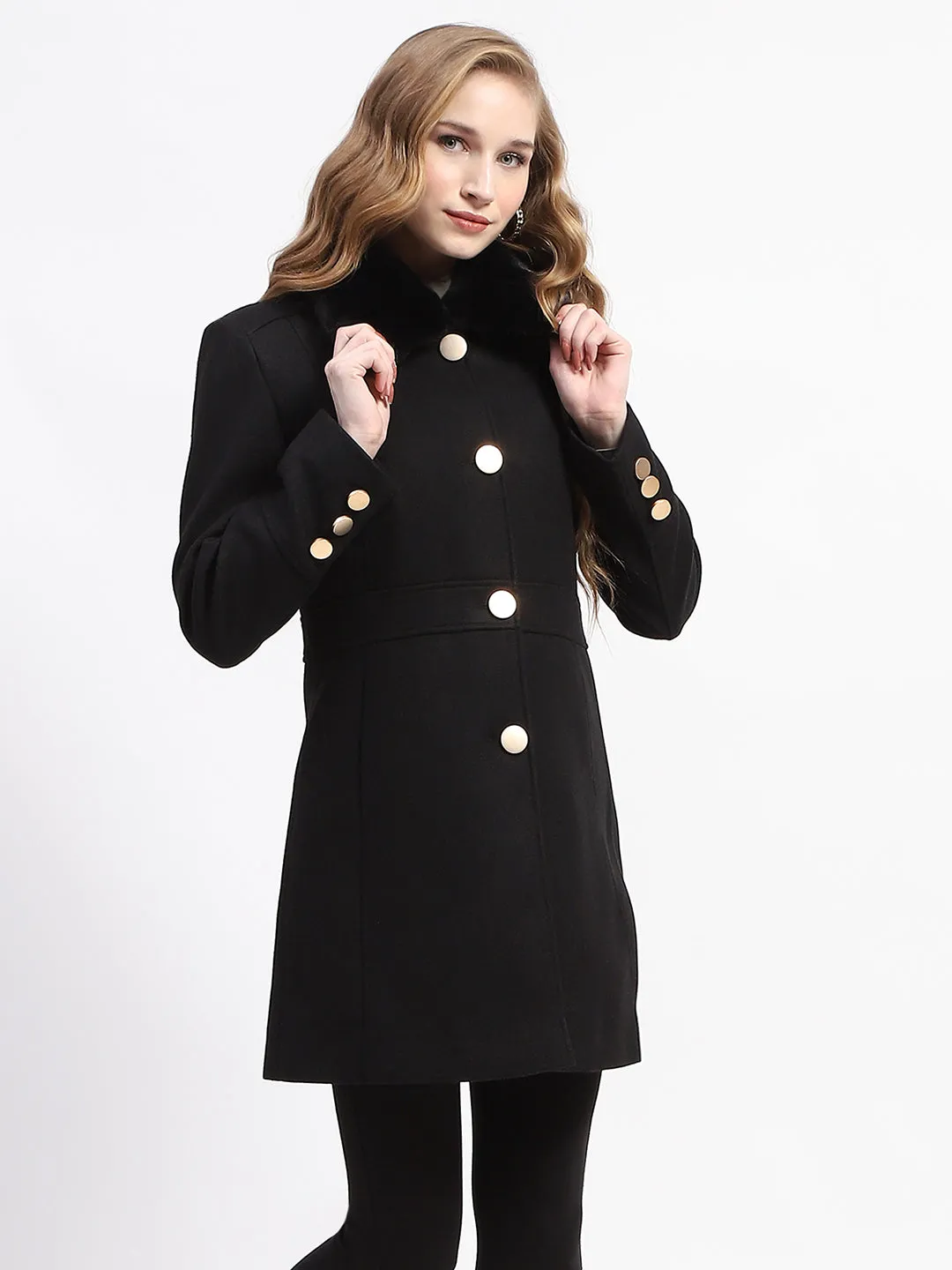 Madame Fur Neck Button Down Solid Black Long Coat
