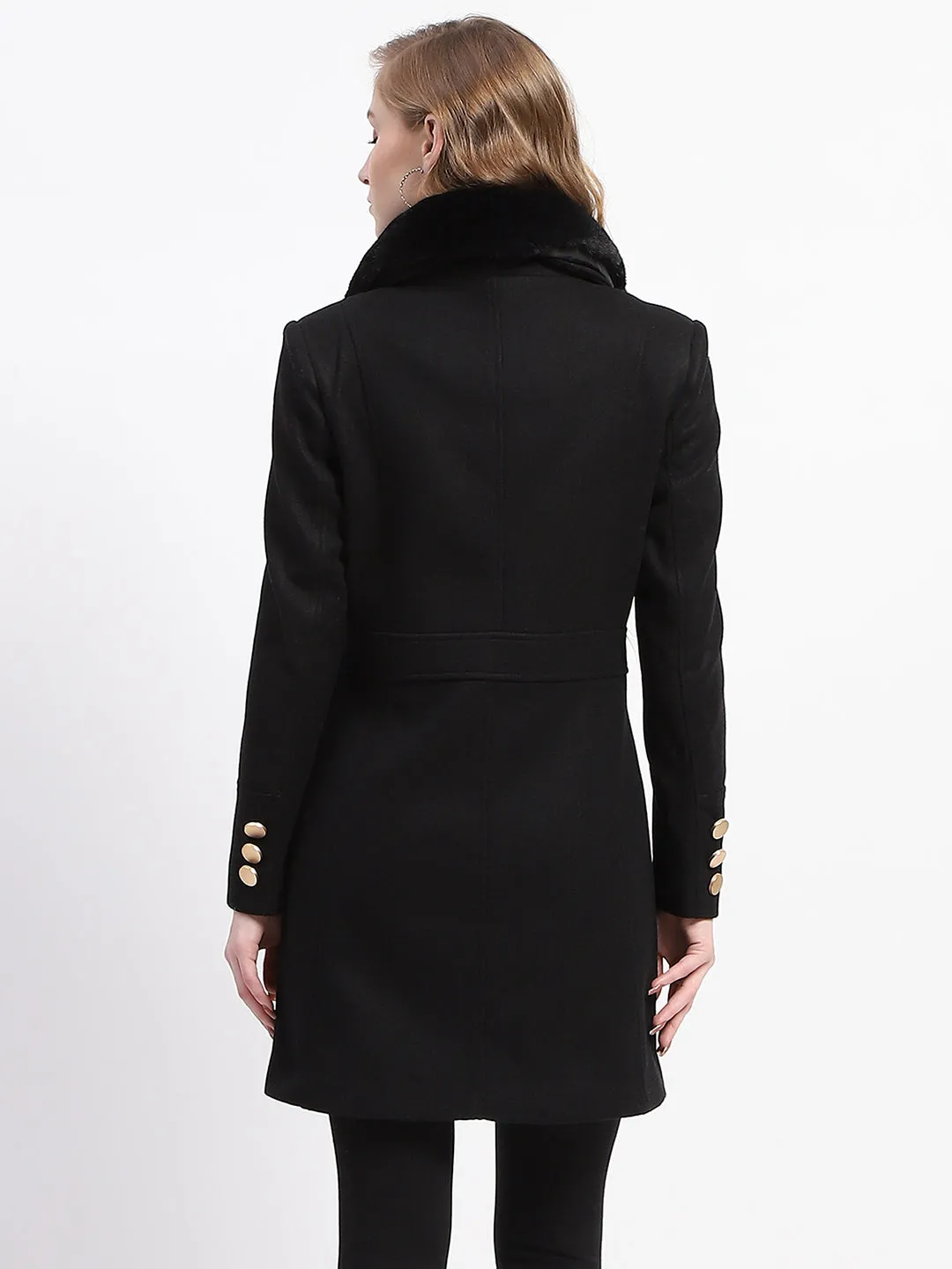 Madame Fur Neck Button Down Solid Black Long Coat