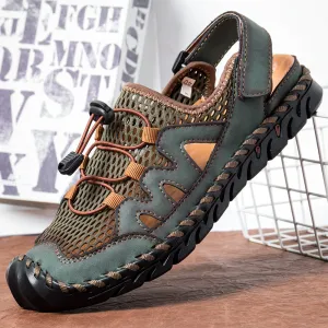 Men Leather Hand Stitching Breathable Mesh Casual Soft Sandals
