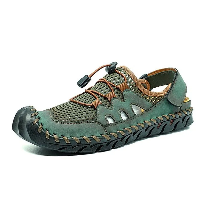 Men Leather Hand Stitching Breathable Mesh Casual Soft Sandals