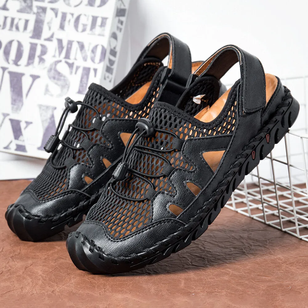 Men Leather Hand Stitching Breathable Mesh Casual Soft Sandals