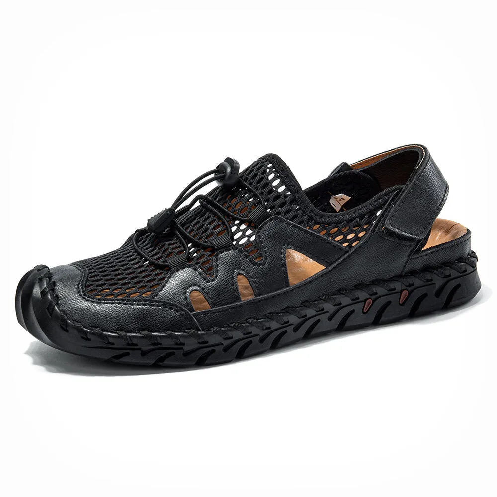 Men Leather Hand Stitching Breathable Mesh Casual Soft Sandals