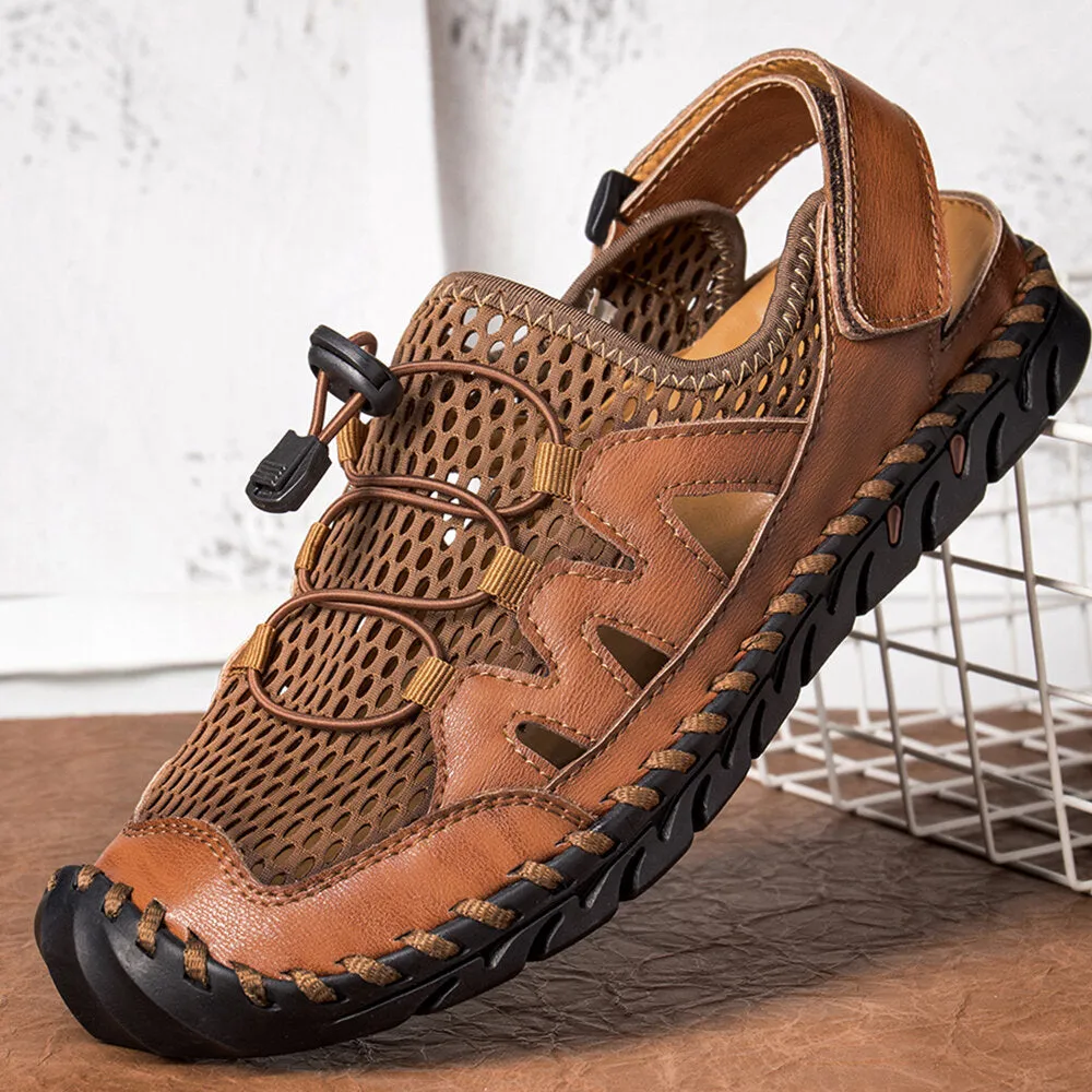 Men Leather Hand Stitching Breathable Mesh Casual Soft Sandals