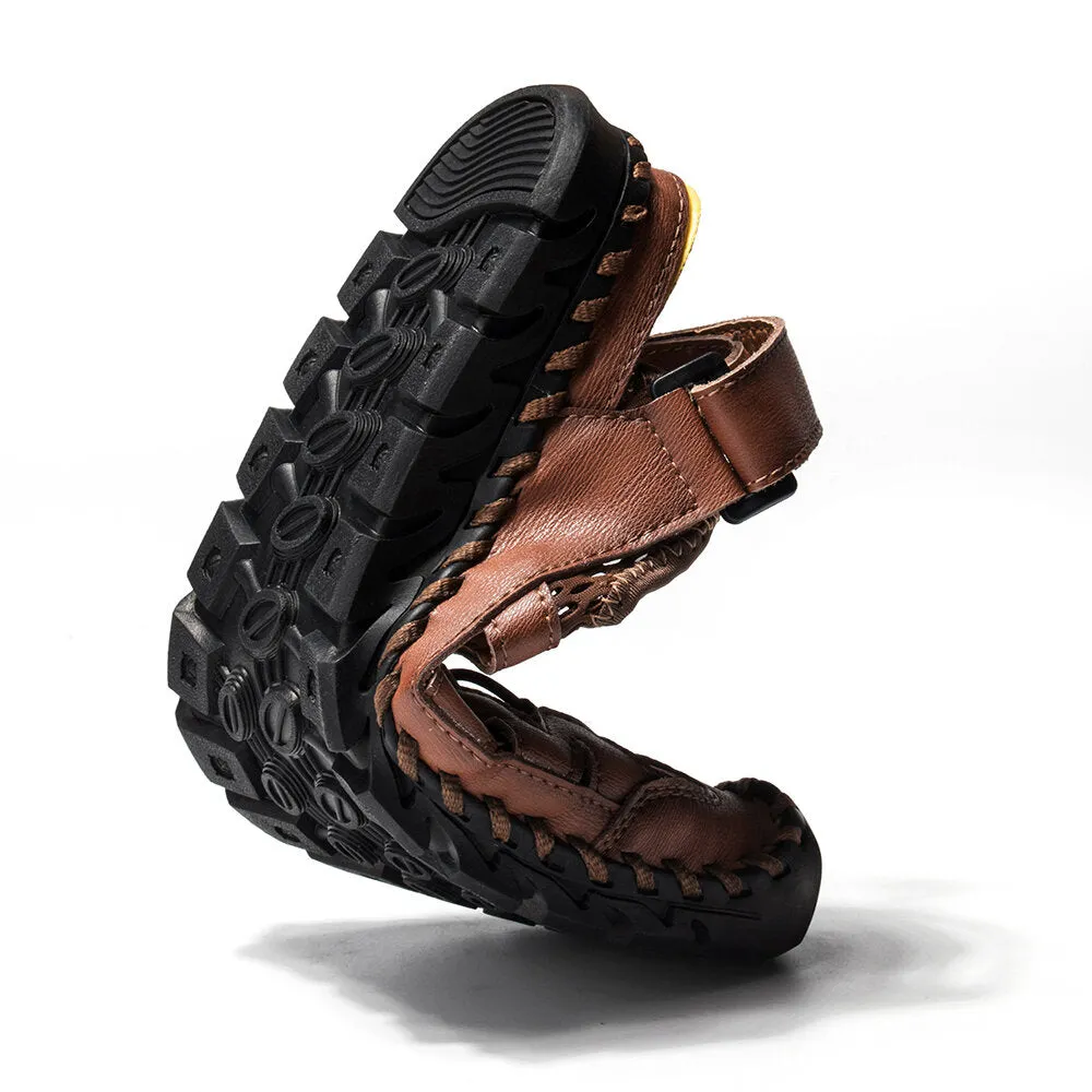Men Leather Hand Stitching Breathable Mesh Casual Soft Sandals