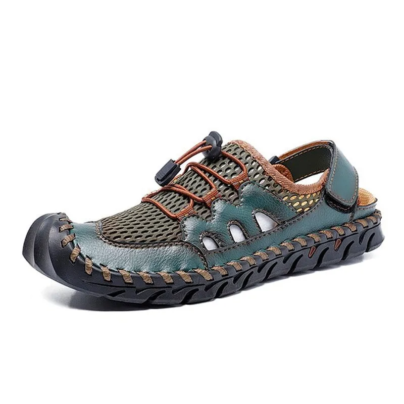 Men Leather Hand Stitching Breathable Mesh Casual Soft Sandals