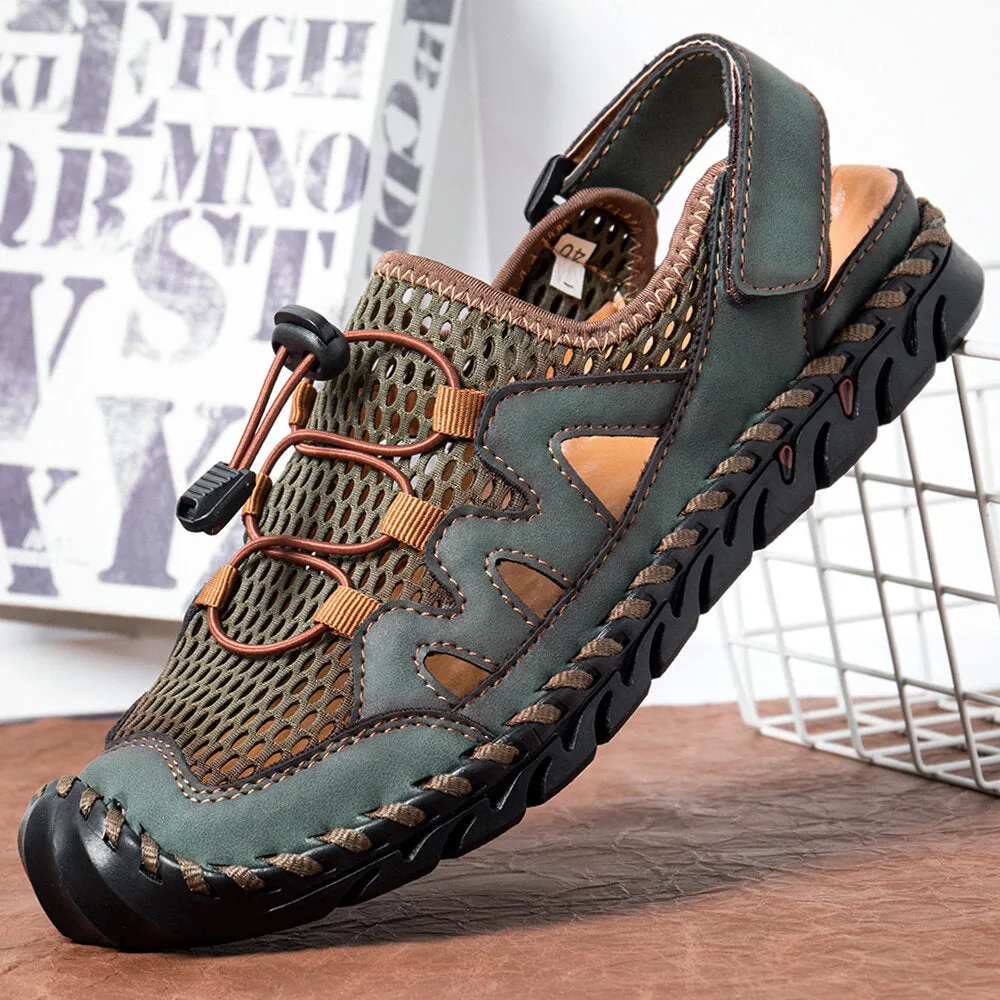 Men Leather Hand Stitching Breathable Mesh Casual Soft Sandals