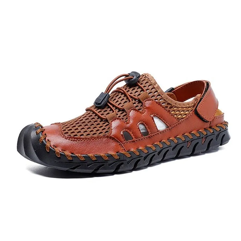 Men Leather Hand Stitching Breathable Mesh Casual Soft Sandals