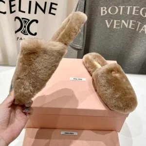 Miu Slippers Light Brown Soft Imported Wool And Fur