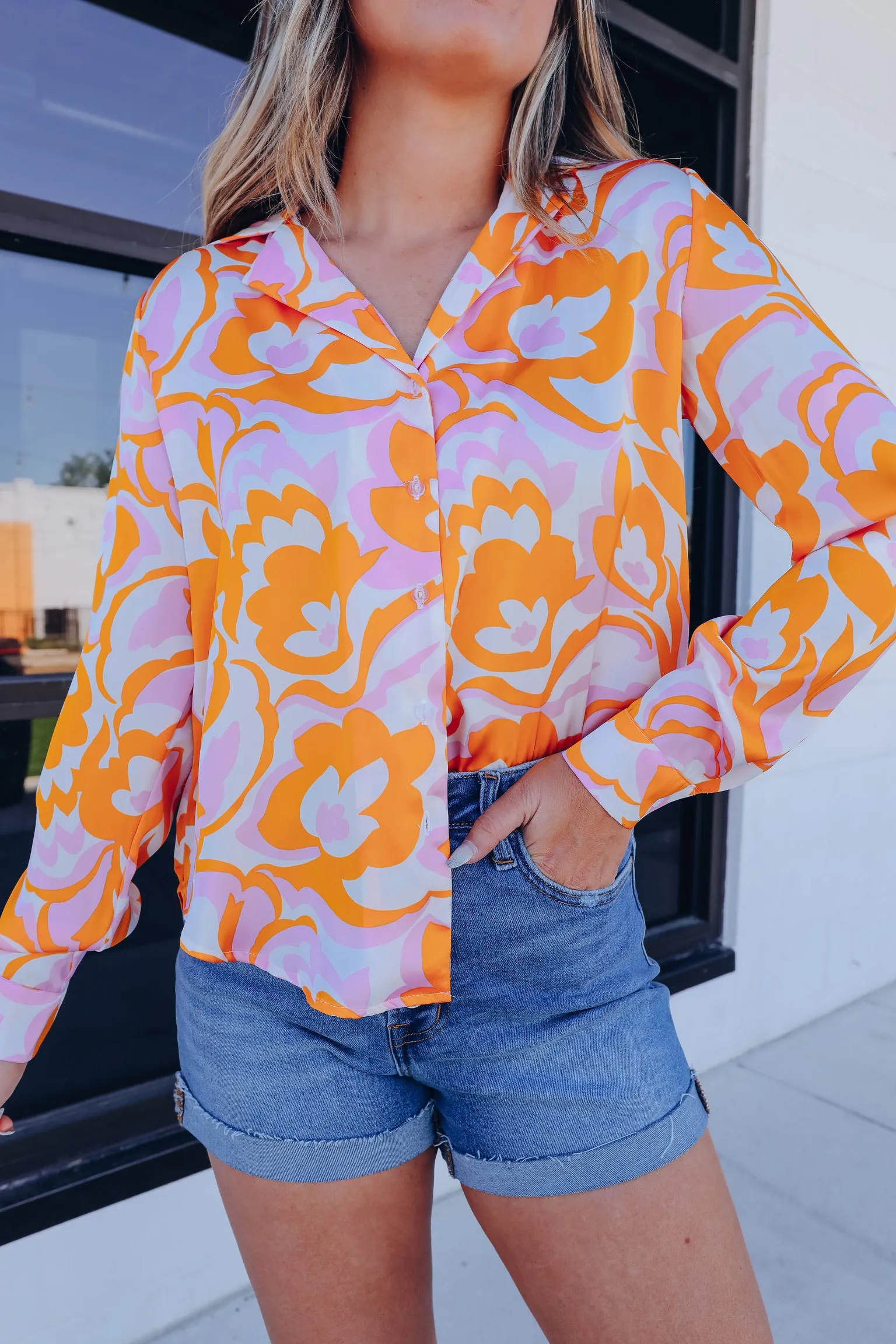 Mod Floral Hi-Lo Satin Blouse - Multi