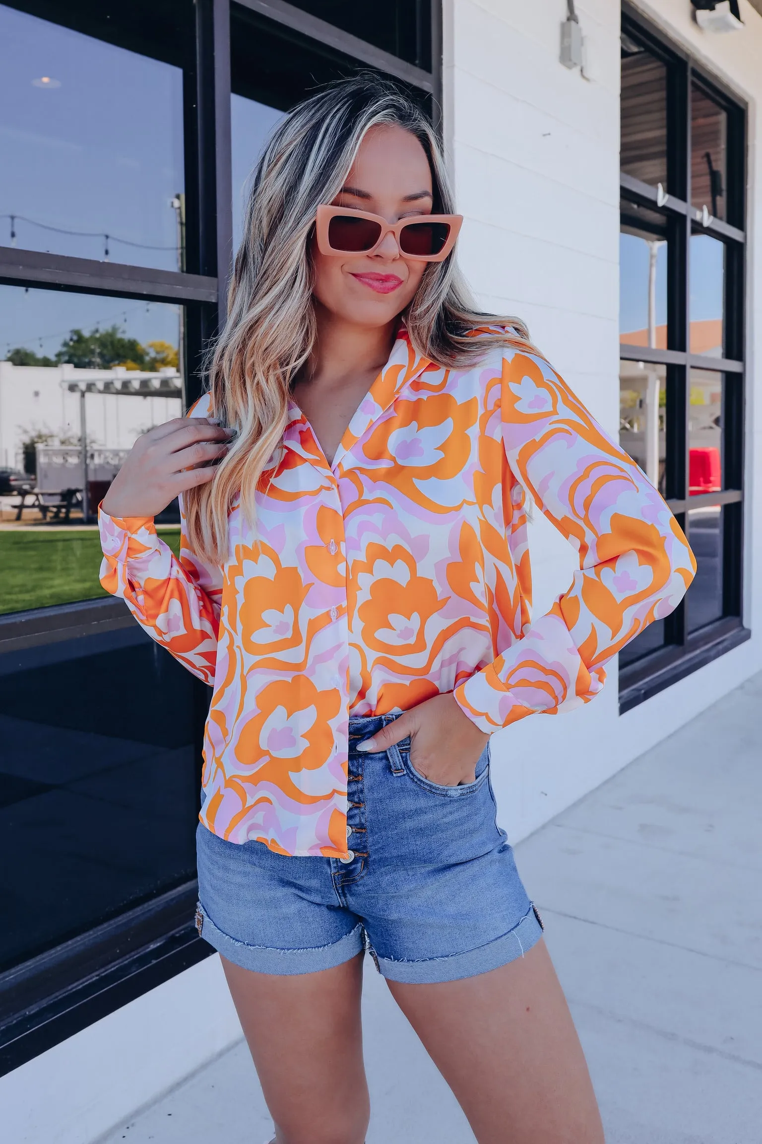 Mod Floral Hi-Lo Satin Blouse - Multi