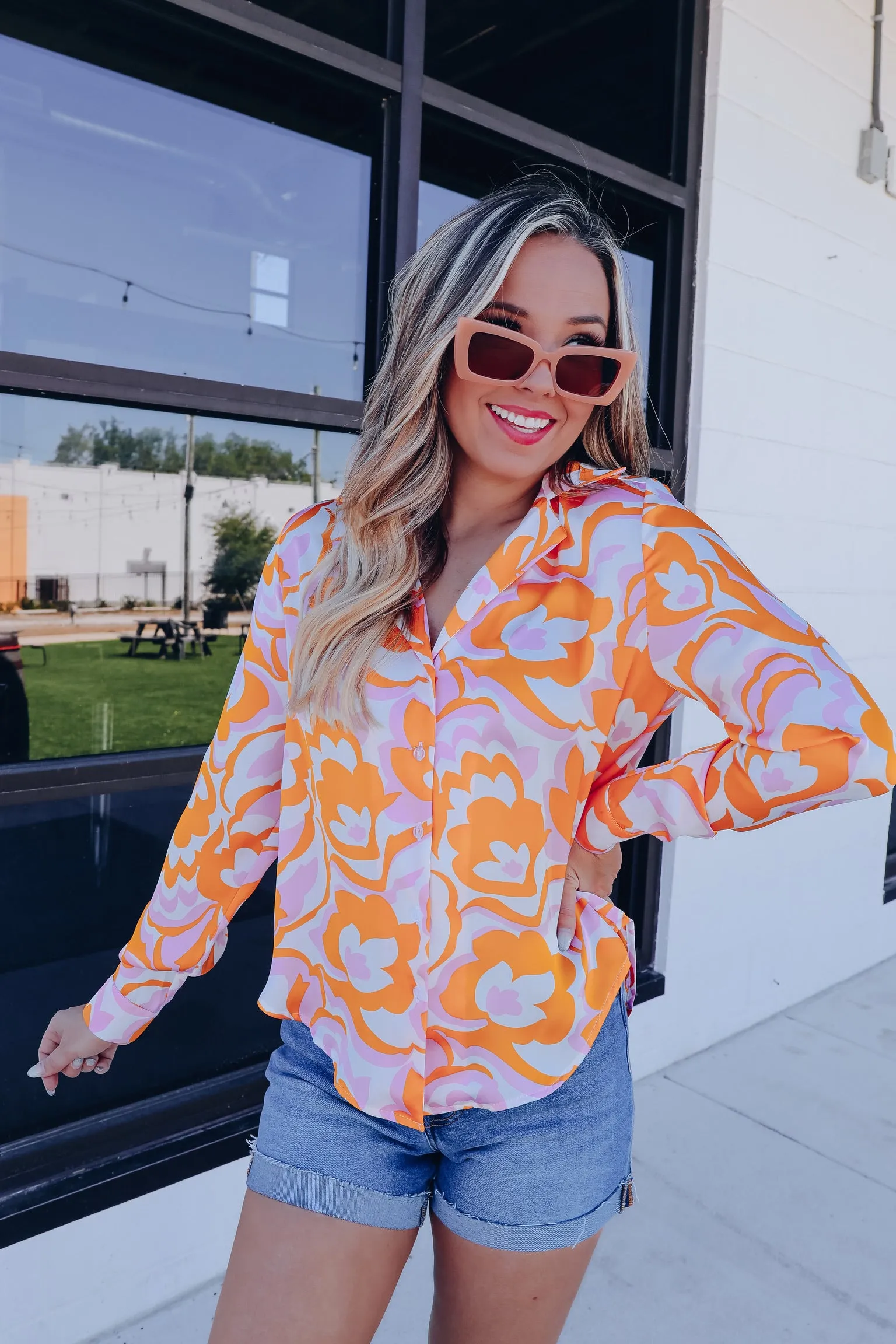 Mod Floral Hi-Lo Satin Blouse - Multi