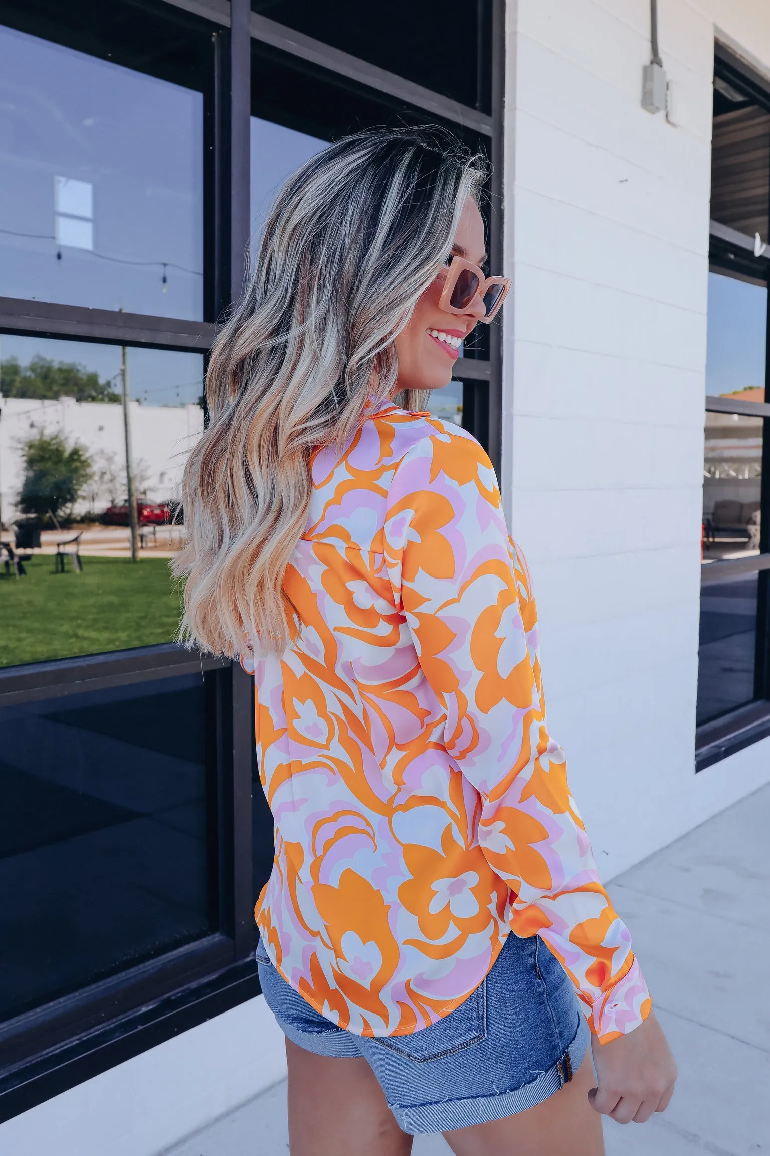 Mod Floral Hi-Lo Satin Blouse - Multi