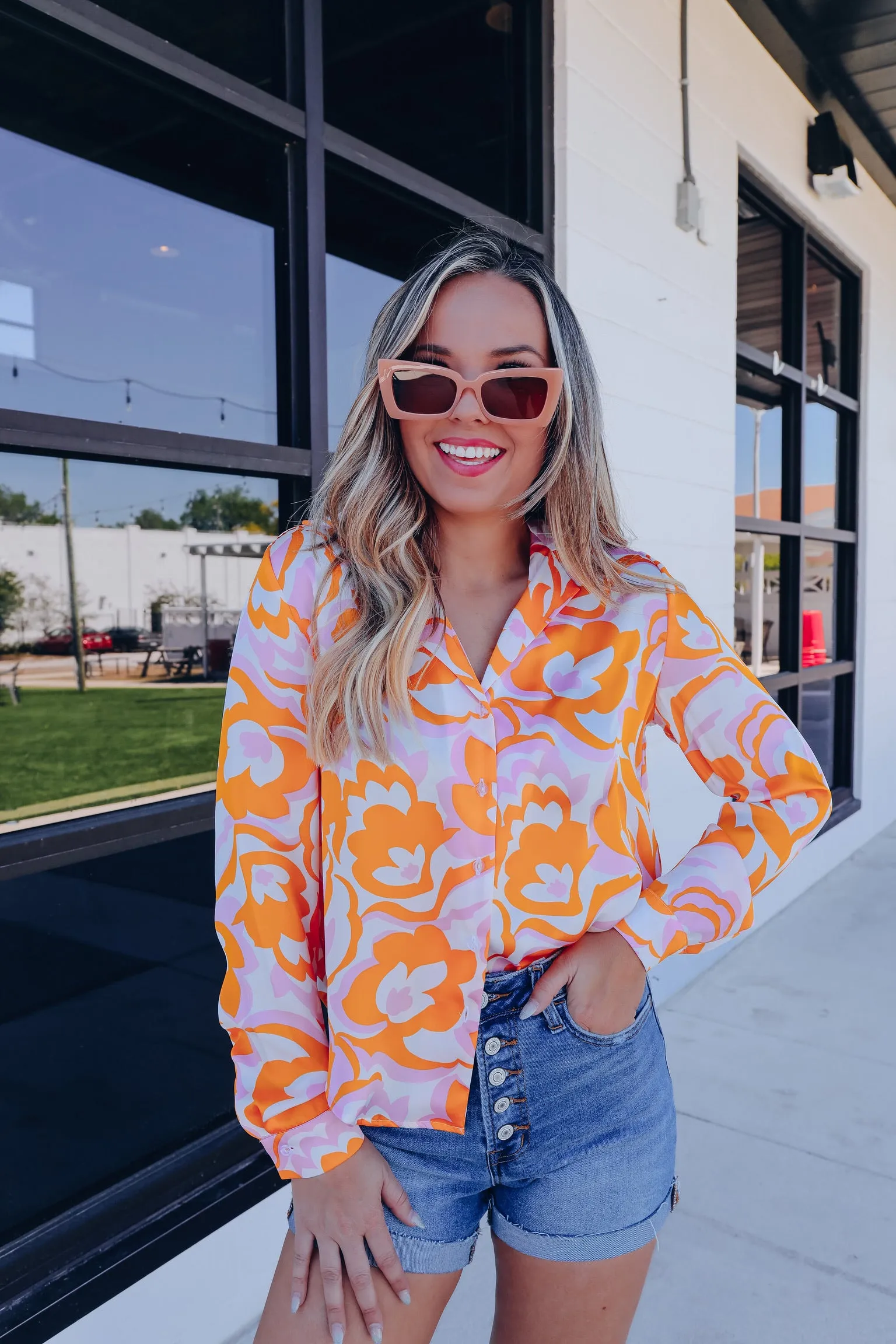 Mod Floral Hi-Lo Satin Blouse - Multi