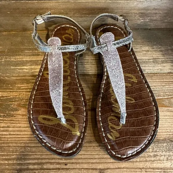 New Girls Sam Edelman Gigi Silver Pink Glitter Strappy Thong Sandals Size 3 Y