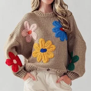 NWT BiBi Beige Floral Print Embroidered Knit Oversized Sweater Size Medium