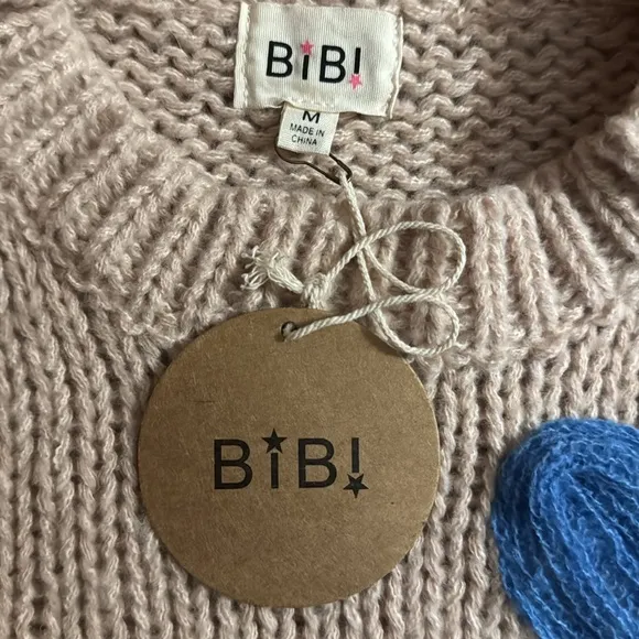 NWT BiBi Beige Floral Print Embroidered Knit Oversized Sweater Size Medium