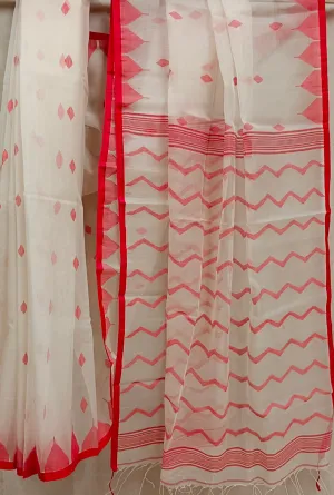 Off-White & Red Handloom Muslin Silk Jamdani Saree