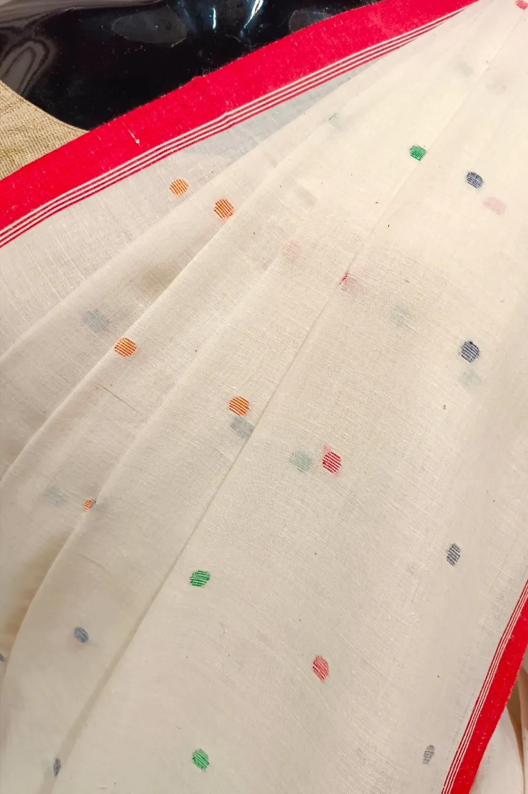 Off-White & Red Handspun handwoven Cotton Jamdani saree