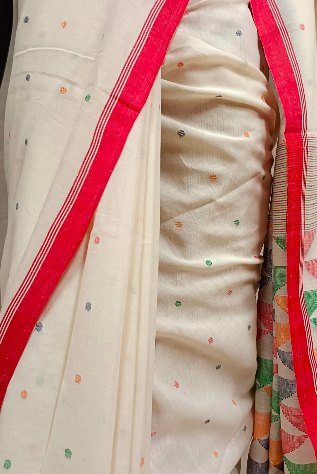 Off-White & Red Handspun handwoven Cotton Jamdani saree