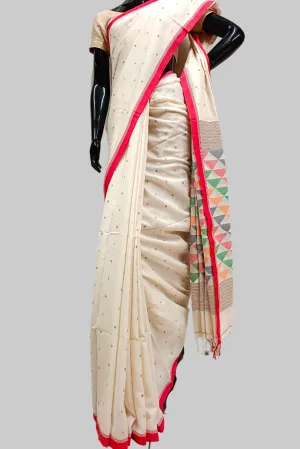 Off-White & Red Handspun handwoven Cotton Jamdani saree