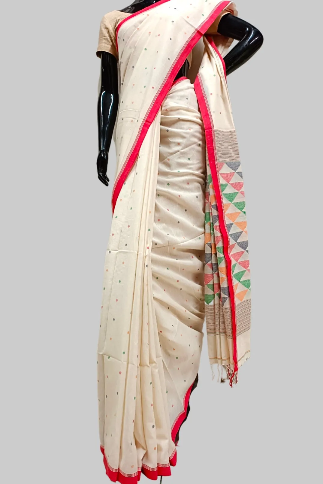 Off-White & Red Handspun handwoven Cotton Jamdani saree
