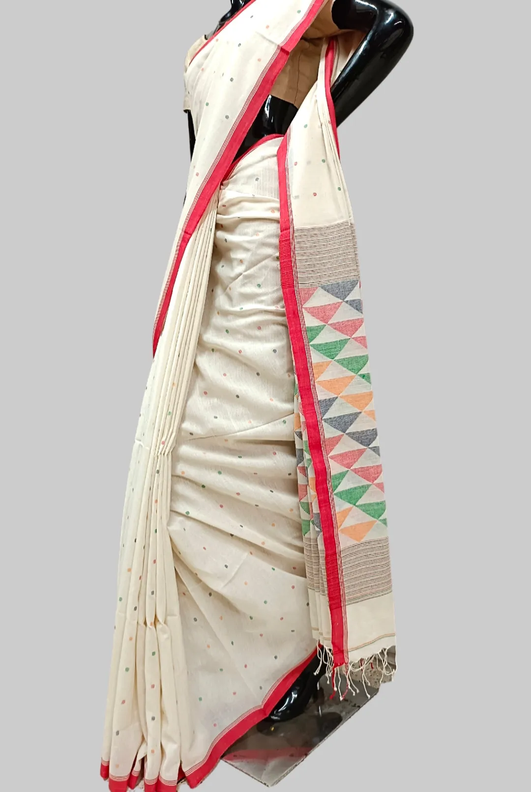 Off-White & Red Handspun handwoven Cotton Jamdani saree