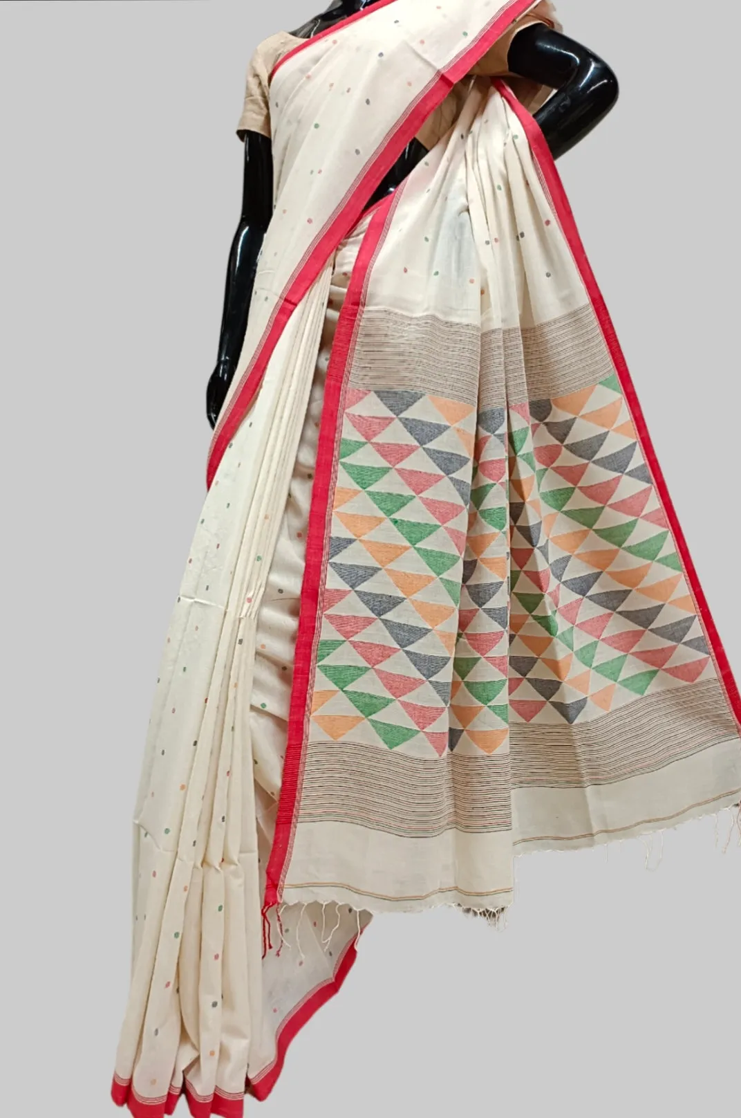 Off-White & Red Handspun handwoven Cotton Jamdani saree