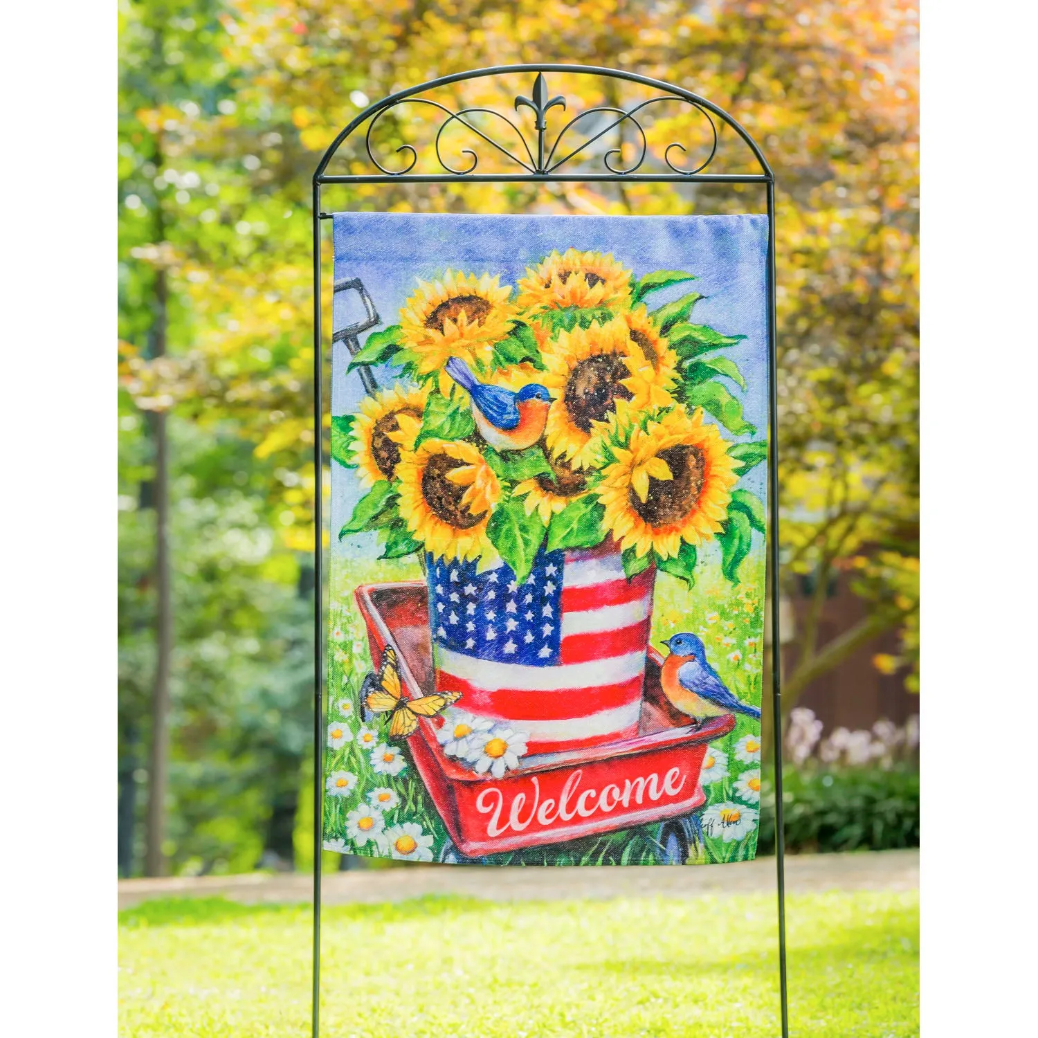 Patriotic Sunflower Wagon House Textured Suede Flag,13es9157