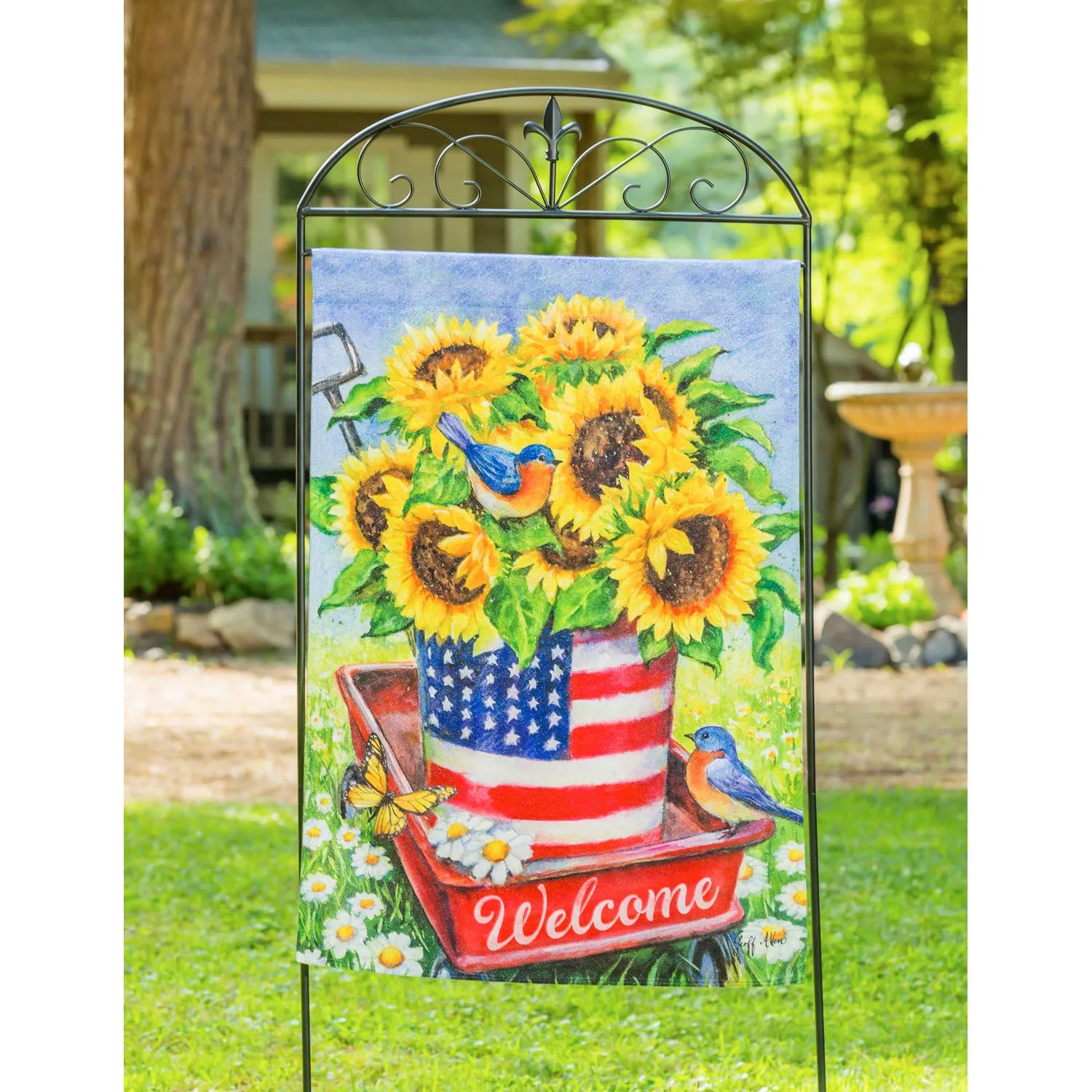 Patriotic Sunflower Wagon House Textured Suede Flag,13es9157