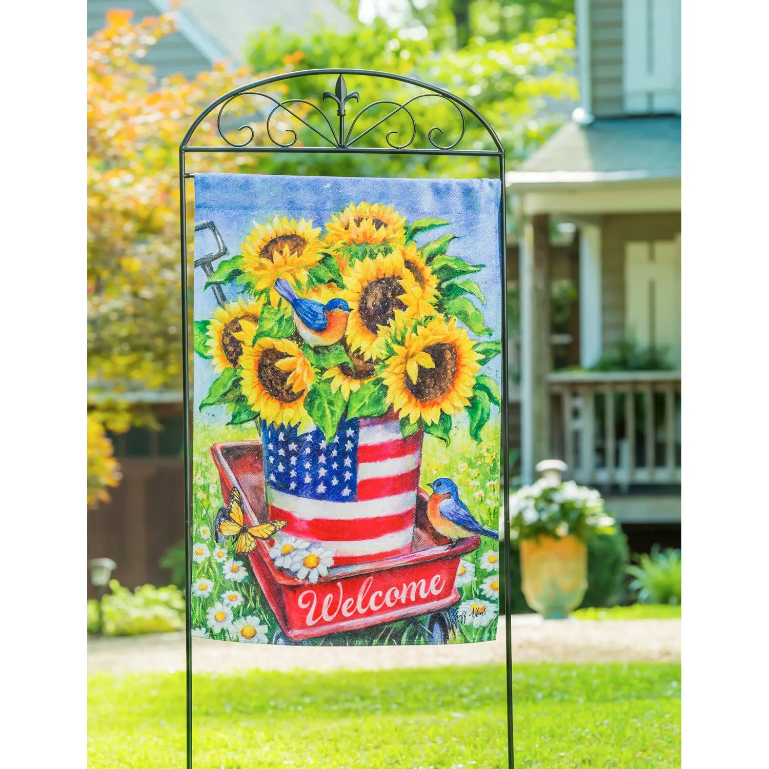 Patriotic Sunflower Wagon House Textured Suede Flag,13es9157