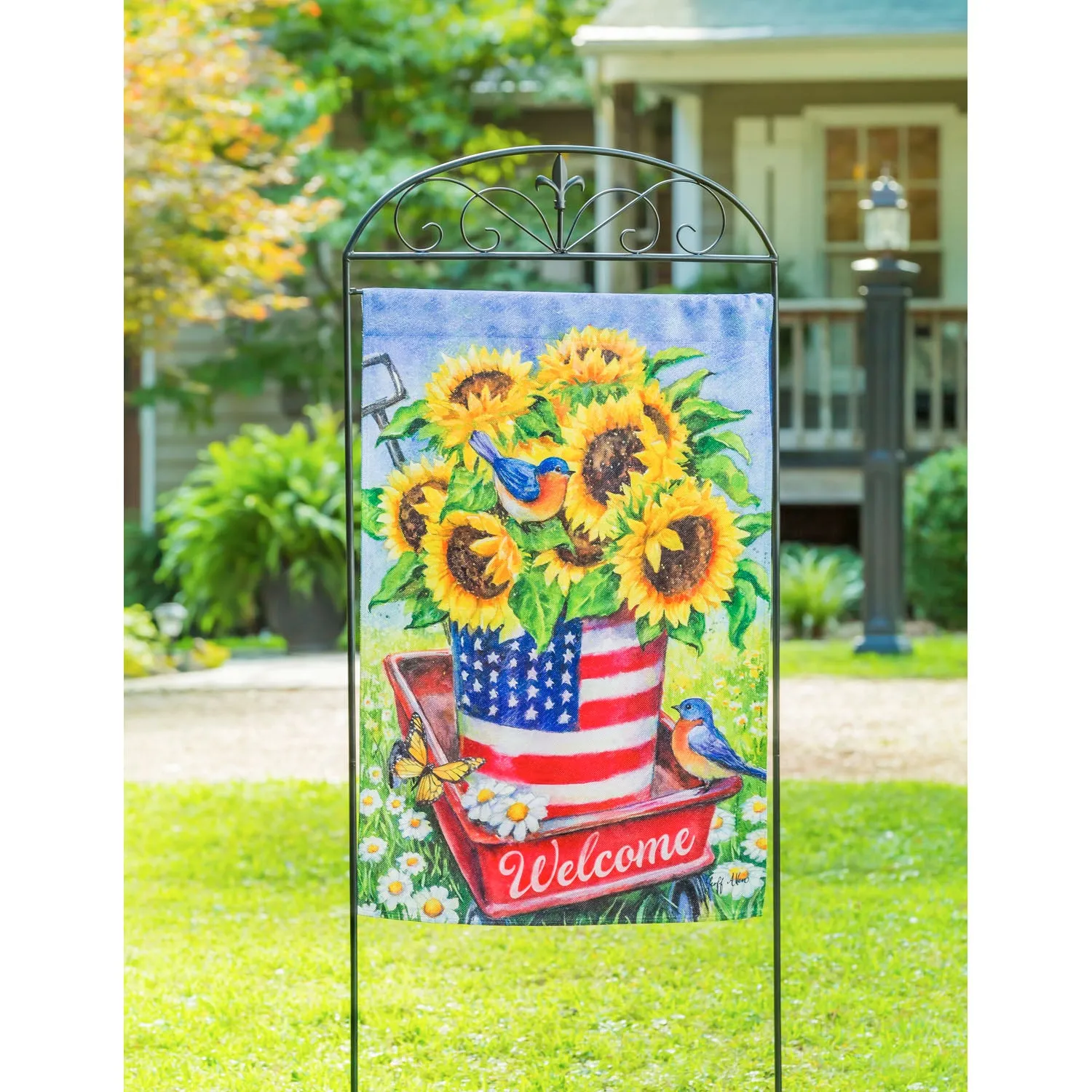 Patriotic Sunflower Wagon House Textured Suede Flag,13es9157