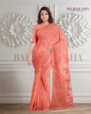 Peach & White Traditional Cotton  Handwoven Jamdani Saree