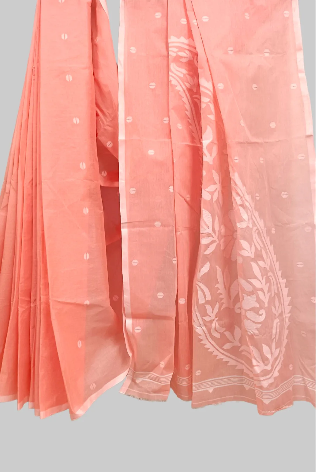 Peach & White Traditional Cotton  Handwoven Jamdani Saree