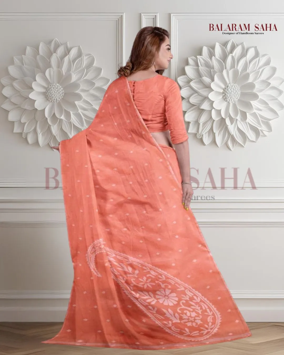Peach & White Traditional Cotton  Handwoven Jamdani Saree