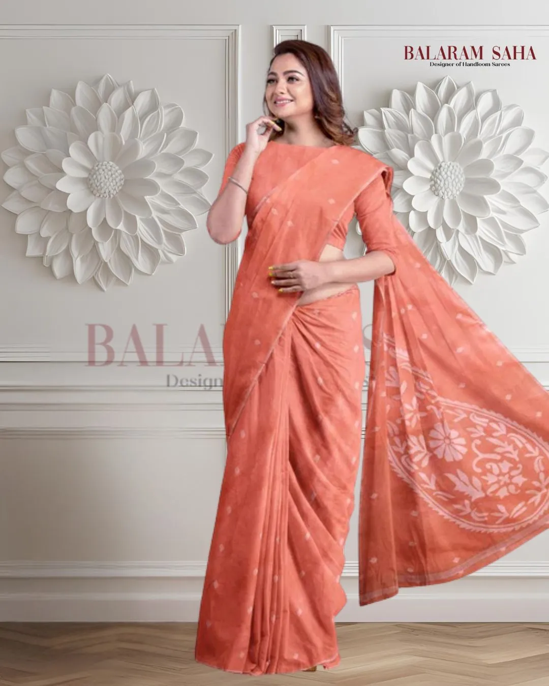 Peach & White Traditional Cotton  Handwoven Jamdani Saree