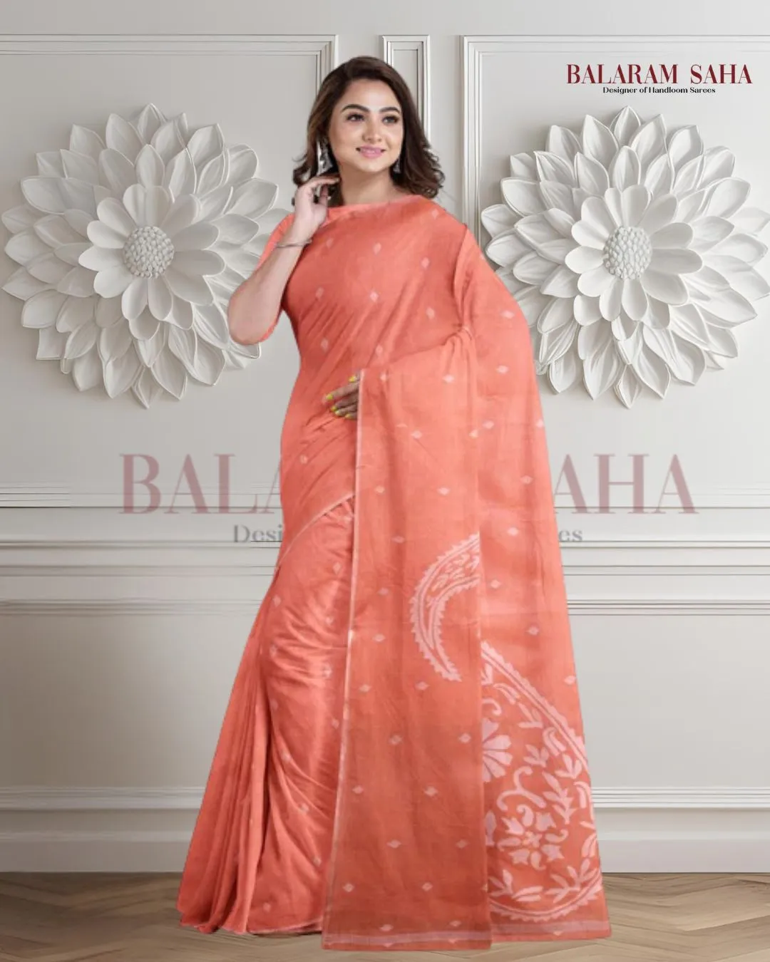 Peach & White Traditional Cotton  Handwoven Jamdani Saree