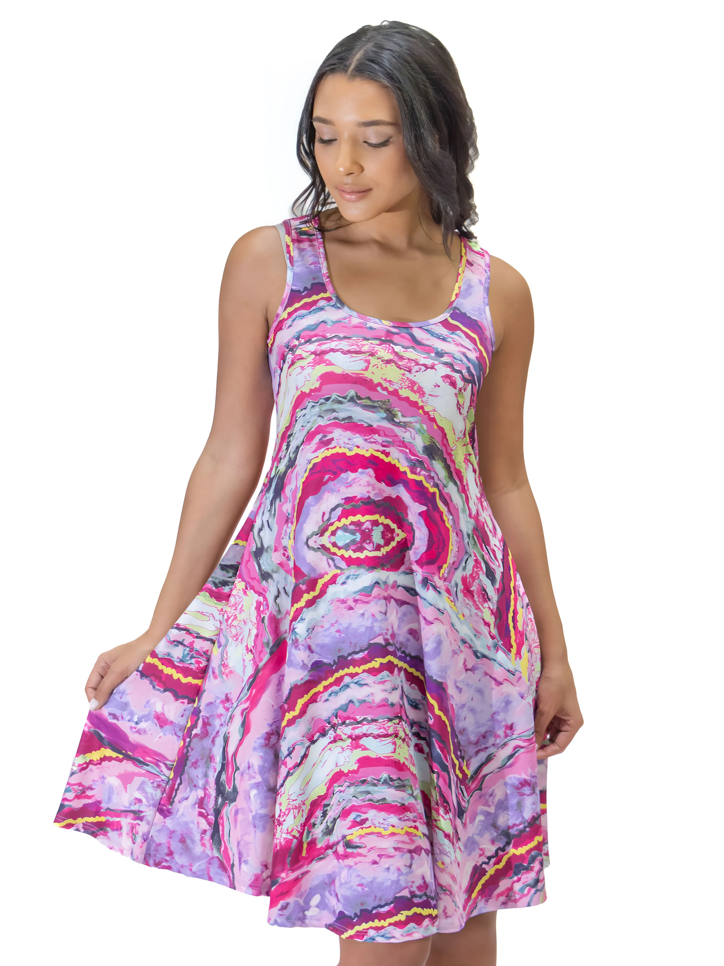 Pink Abstract Print Womens Sleeveless Knee Length Tank Swing Dress
